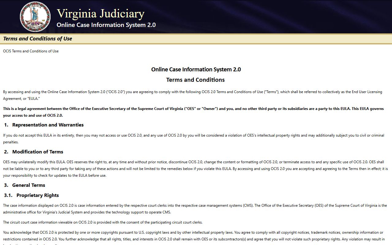 Virginia OCIS 2.0 court records landing page after jail arrest