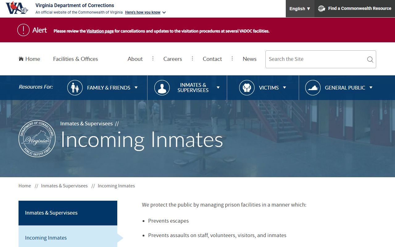 VADOC incoming inmates page for security classification and prison intake