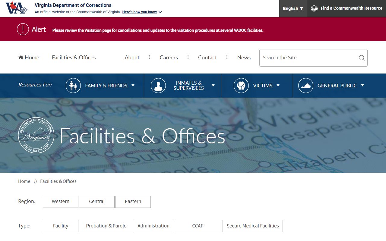 VADOC facilities and offices directory for Virginia prisons