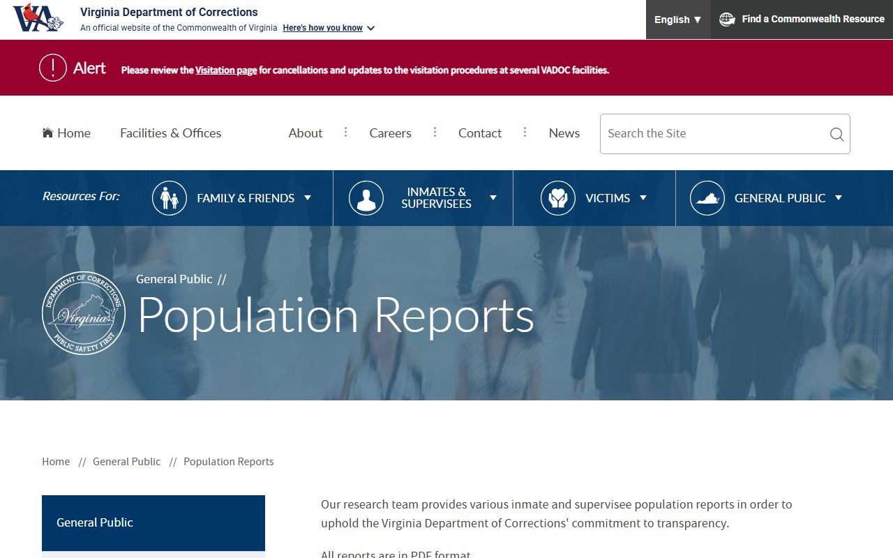 VADOC population reports page for Virginia inmate population statistics