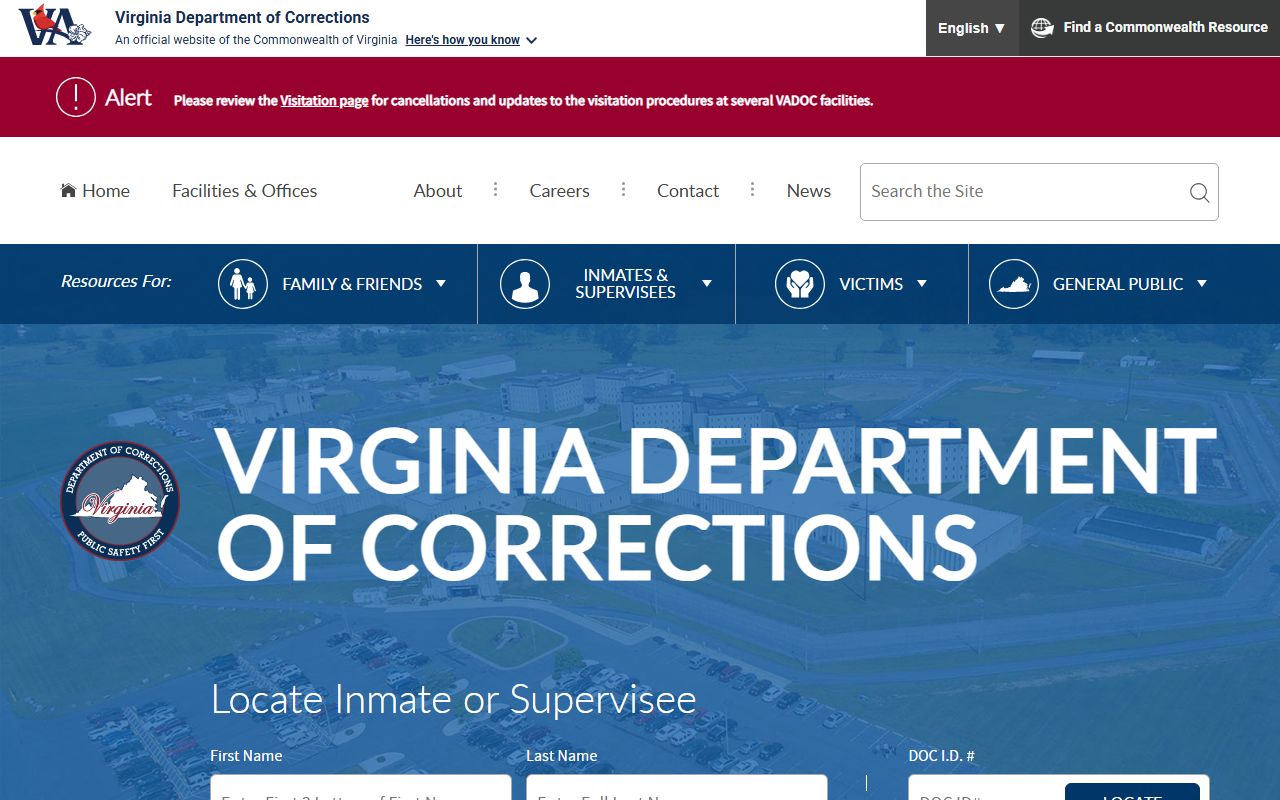 Virginia Department of Corrections home page for Virginia inmate population searches
